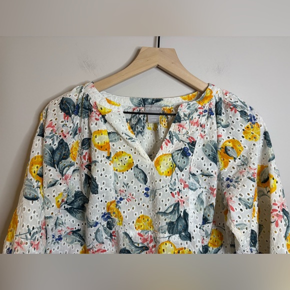 Women’s Chico's lemon floral print eyelet boho top- Chico’s size 1/8-10 - Picture 2 of 8